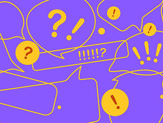 yellow speech bubbles containing question marks and exclamation marks against a purple background